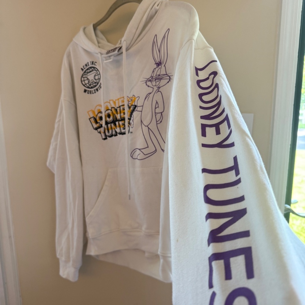 Vintage Looney Tunes Graphic White Hoodie Sweatshirt Women's Large - Picture 2 of 9